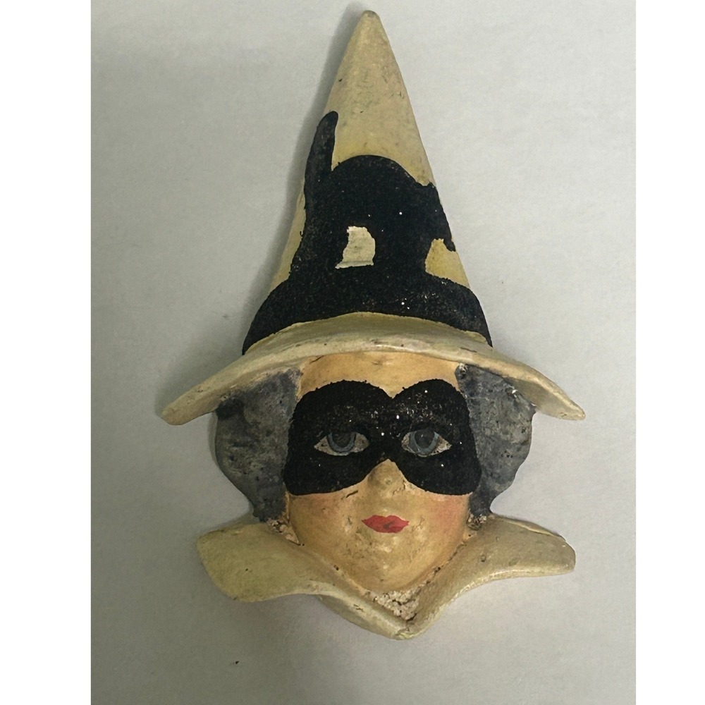 Hand-Painted Yellow Witch Mask Brooch with Black Masking Detail